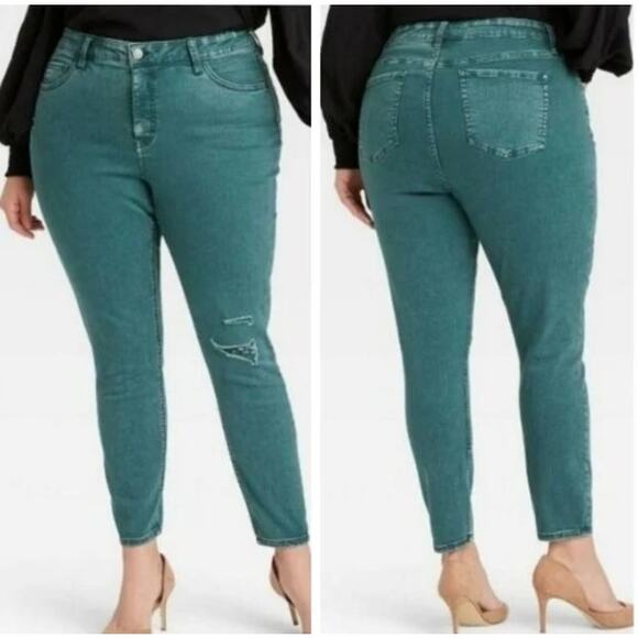 Ava & Viv Jeans Plus 20W Distressed High Rise Stretch Denim Skinny Teal Green - Picture 2 of 8